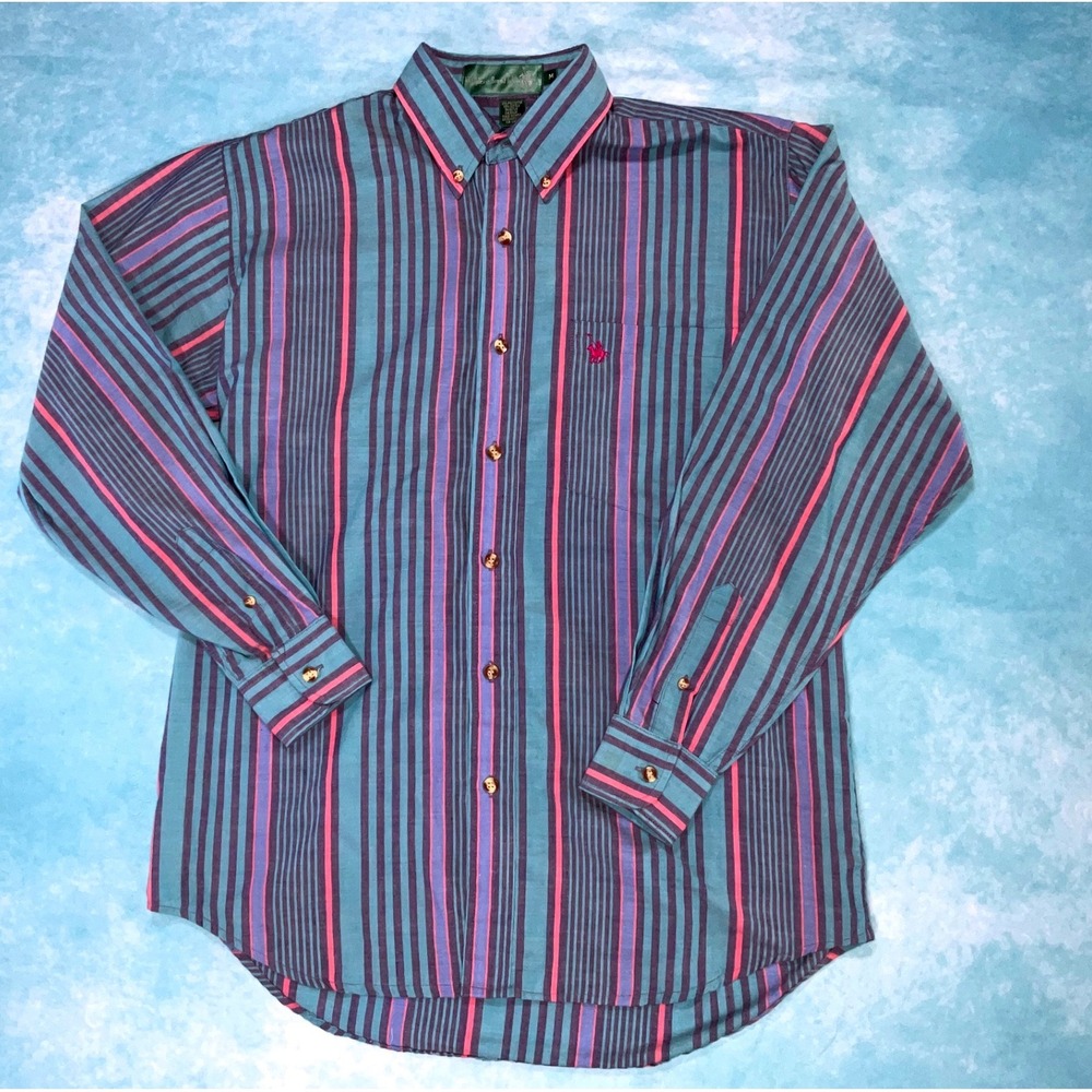 Knights of Round Table Men's Striped Button Up Shirt Teal Purple Pink Medium
